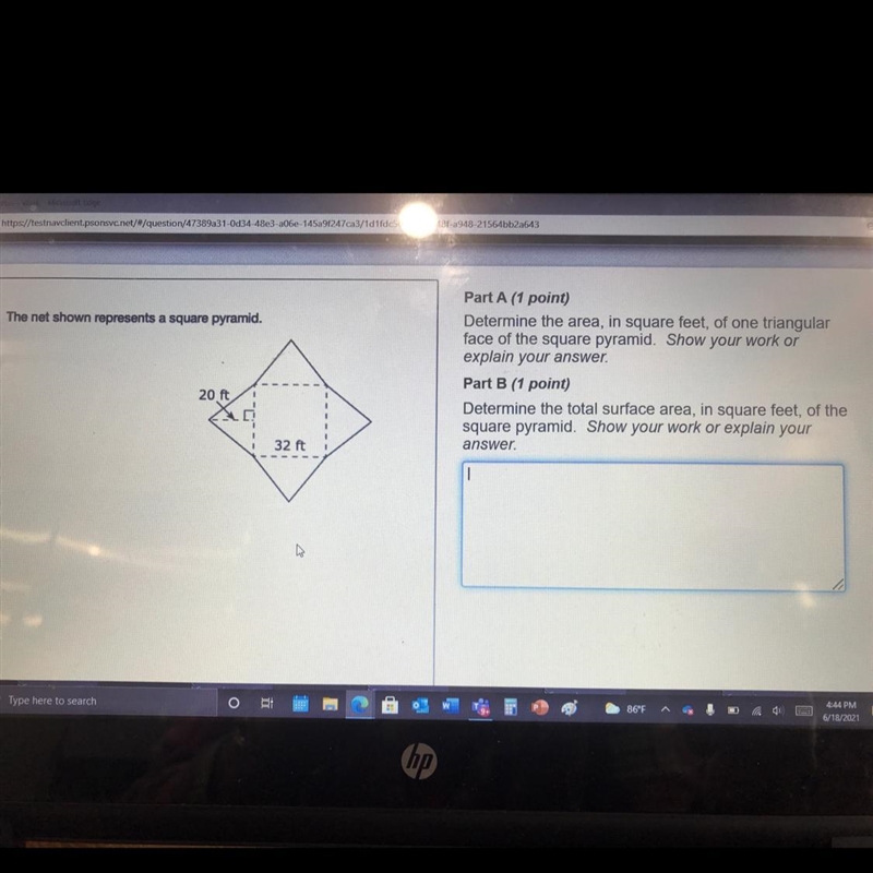 Part A (1 point) Determine the area, in square feet, of one triangular face of the-example-1