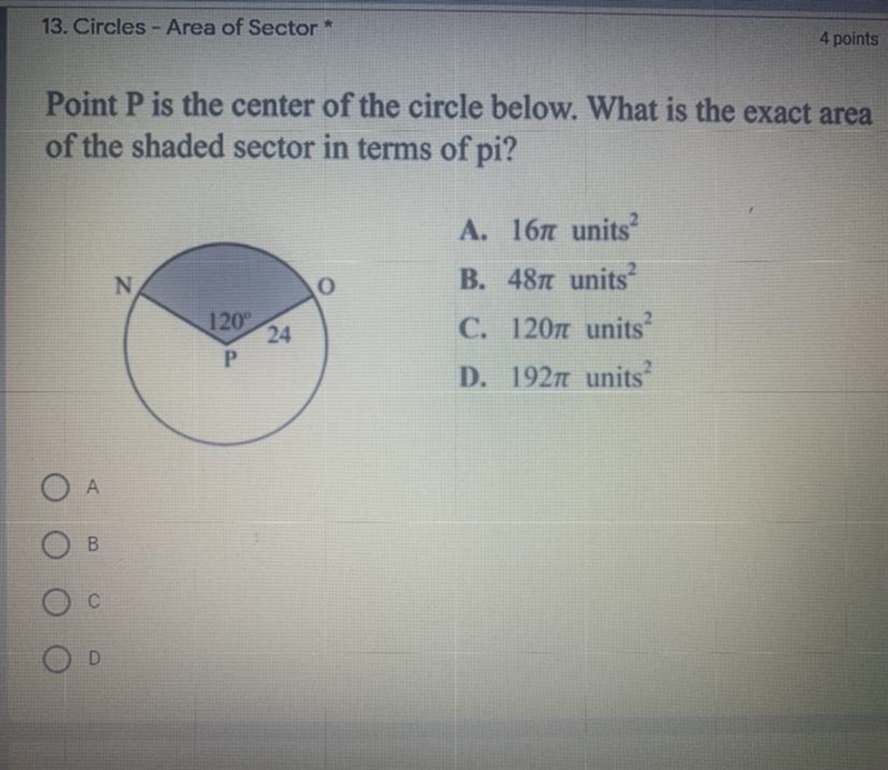 Point P is the center of the circle below. What is the exact area of the shaded sector-example-1