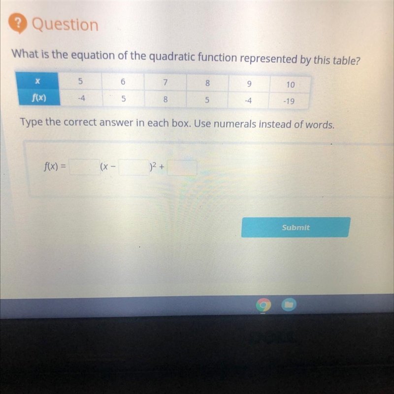 What is the equation of the quadratic function represented by this table ??HELP PLEASE-example-1