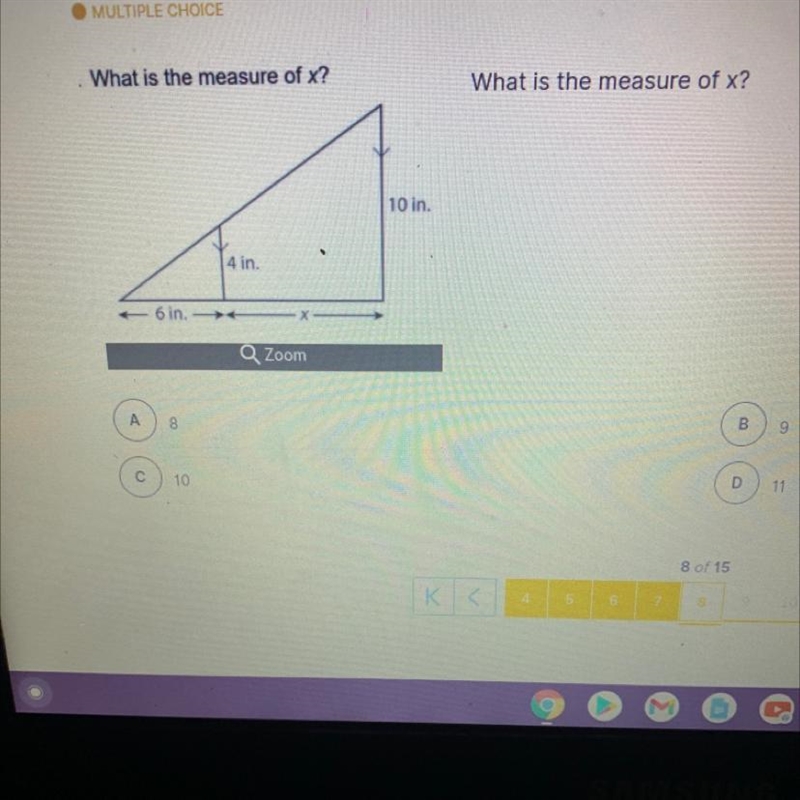 What is the measure of x? A. 8 B. 9 C. 10 D. 11-example-1