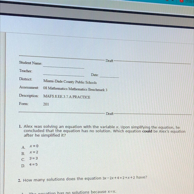 1. Alex was solving an equation with the variable x. Upon simplifying the equation-example-1