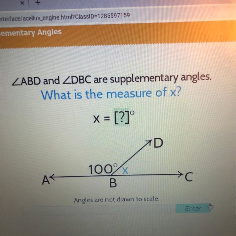 ZABD and ZDBC are supplementary angles. What is the measure of x? x = [?] 7D AK 100% B-example-1