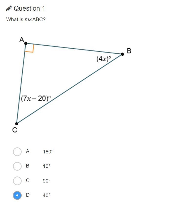 What is m∠ABC? A 180° B 10° C 90° D 40°-example-1