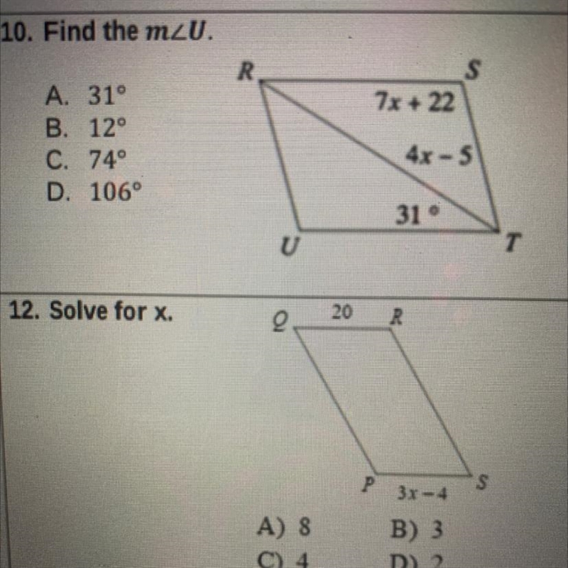 Find the m A. 31 B. 12 C. 74 D. 106-example-1