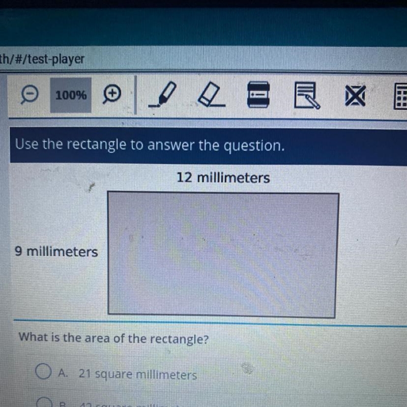 12 millimeters 9 millimeters What’s the area of the rectangle?-example-1