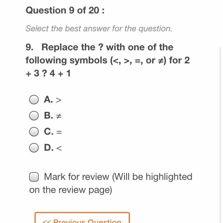 Replace the ? With one of the following symbols (<,>,=,or ) for 2+3?4+1-example-1