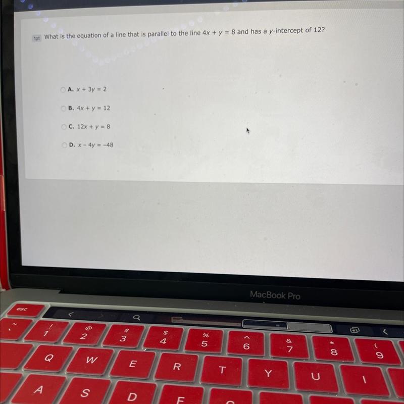 Pls help!! What is the equation of a line that is parallel to the line 4x + y = 8 and-example-1