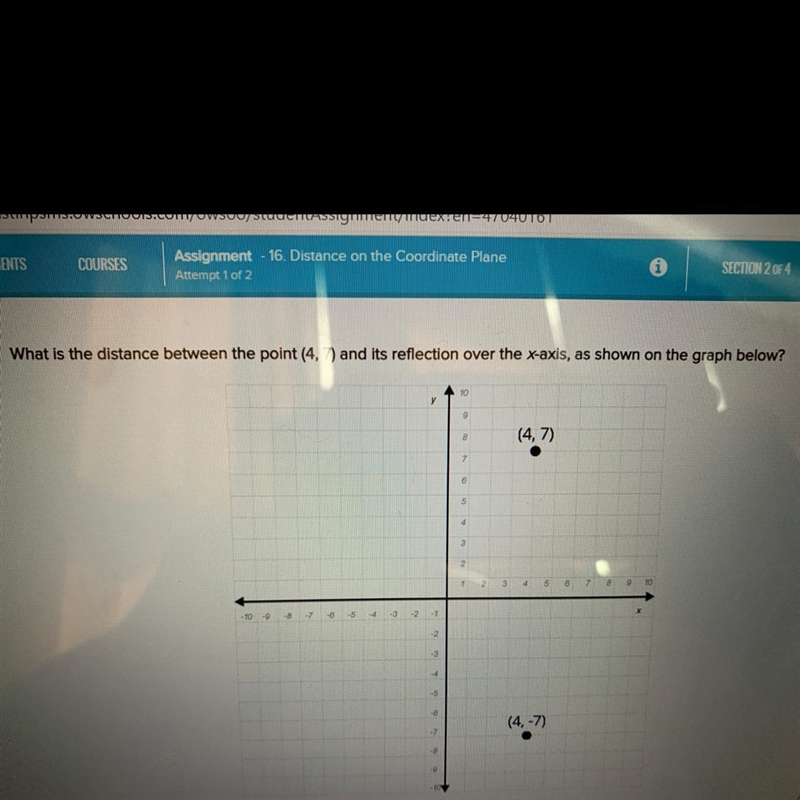 What is the distance between the point (4,7) and its reflection over the x-axis, as-example-1