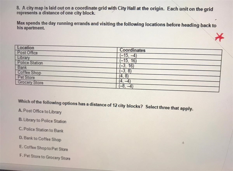 Which of the following options has a distance of 12 city blocks? Select three that-example-1