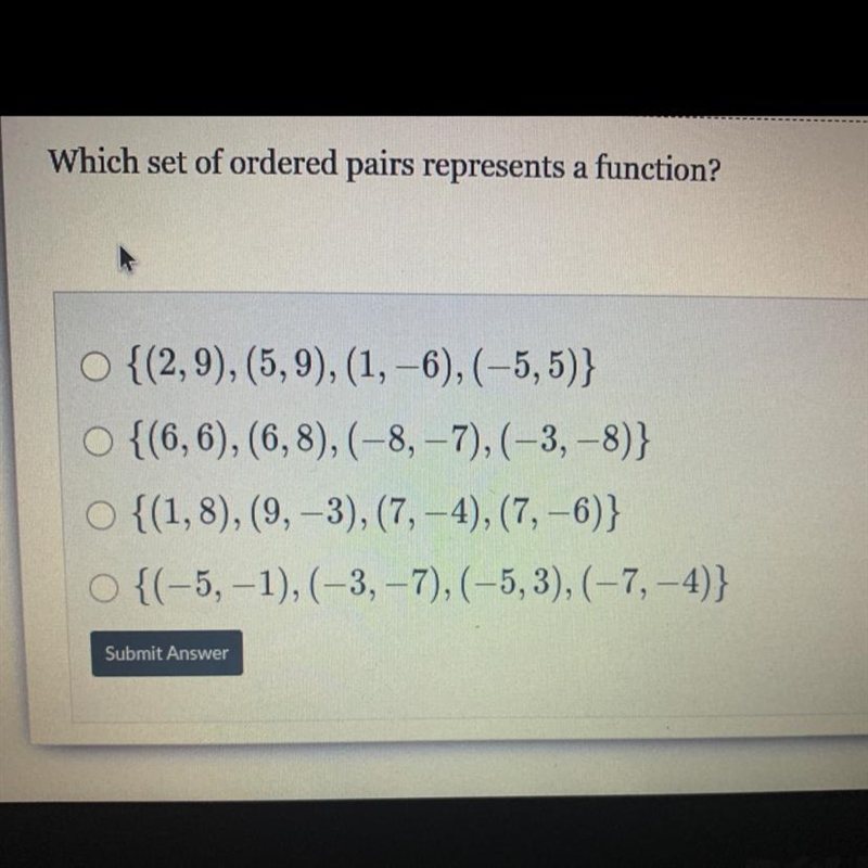 Which set it ordered pairs represent a function-example-1