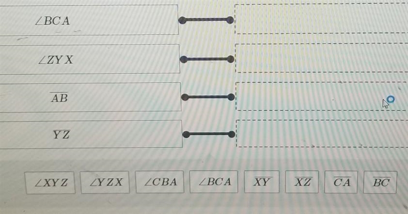 Suppose △abc≅△xyz. what is the corresponding congruent part for each segment or angle-example-1