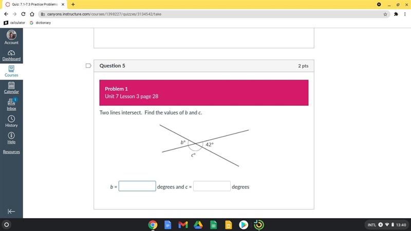 Two lines intersect. Find the values of b and c.-example-1