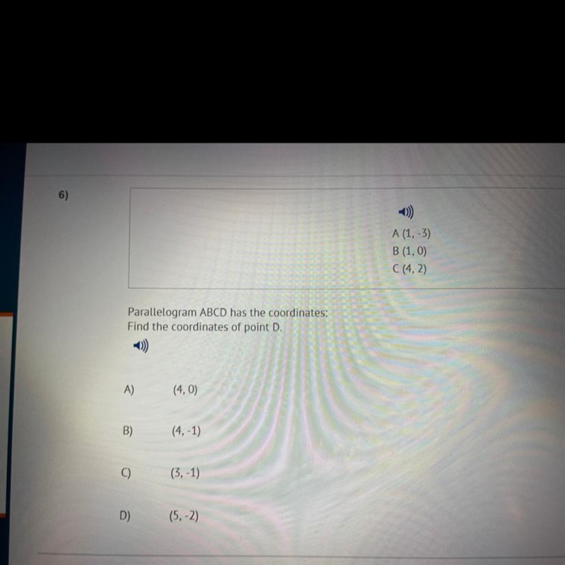 Parallelogram ABCD has the coordinates: Find the coordinates of point D. A) (4,0) B-example-1