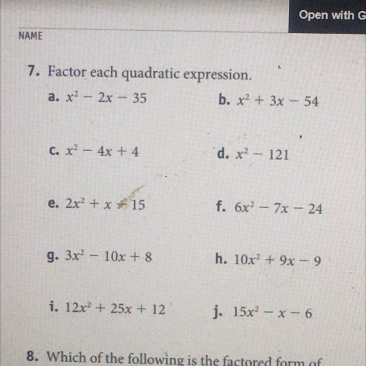 NAME 7. Factor each quadratic expression,-example-1