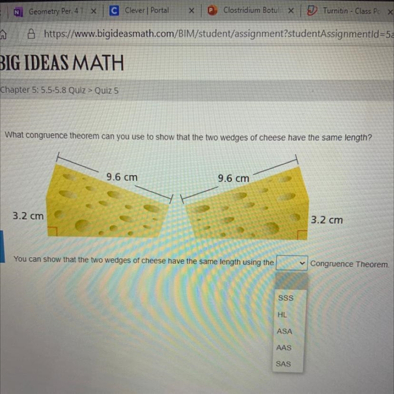 What congruence theorem can you use to show that the two wedges of cheese have the-example-1