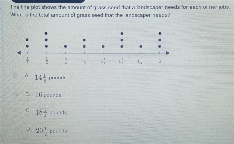 The line plot shows the amount of grass seed that a landscaper needs for each of her-example-1