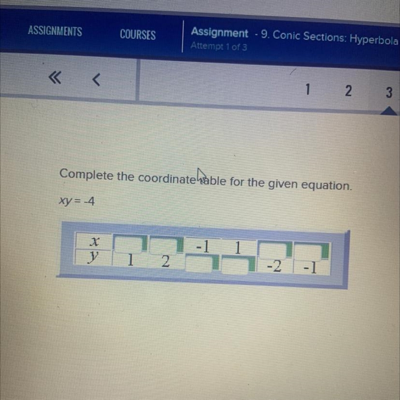 Complete the coordinate table for the given equation. Xy=-4-example-1