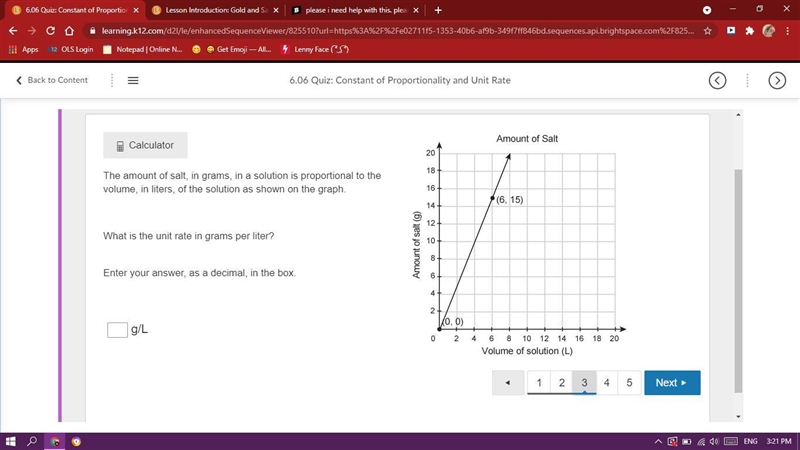 The amount of salt, in grams, in a solution is proportional to the volume, in liters-example-1