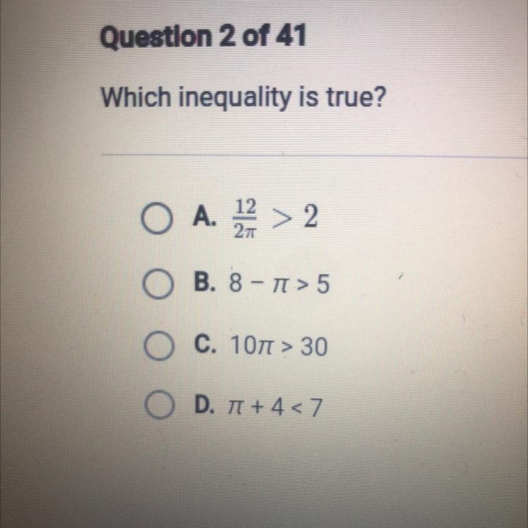 Which inequality is true? O A. 1 2 > 2 OB. 8 - T > 5 O C. 1071 > 30 O D. 1+4&lt-example-1