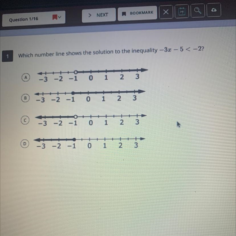 Which number line shows the solution to the inequality -3x - 5 < -2 ?-example-1