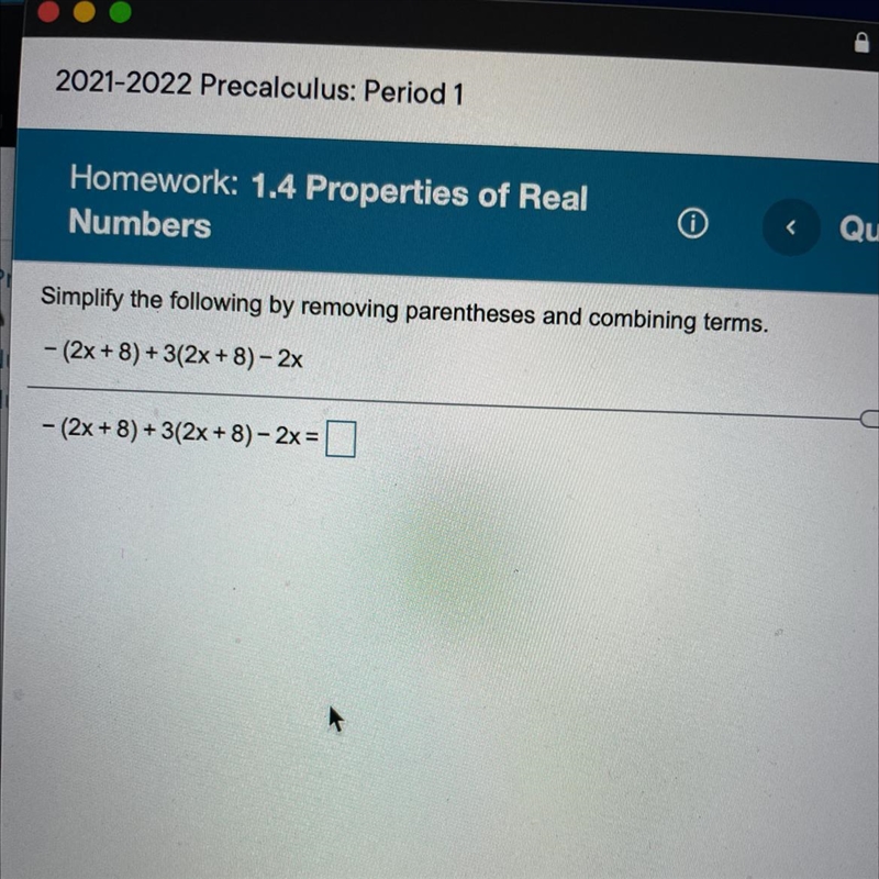 Simplify the following by removing parentheses and combining terms - (2x + 8) + 3(2x-example-1