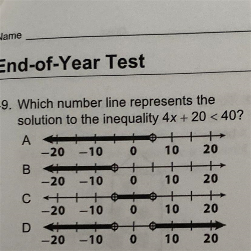 10 . Which number line represents the solution to the inequality 4x + 20 < 40?-example-1