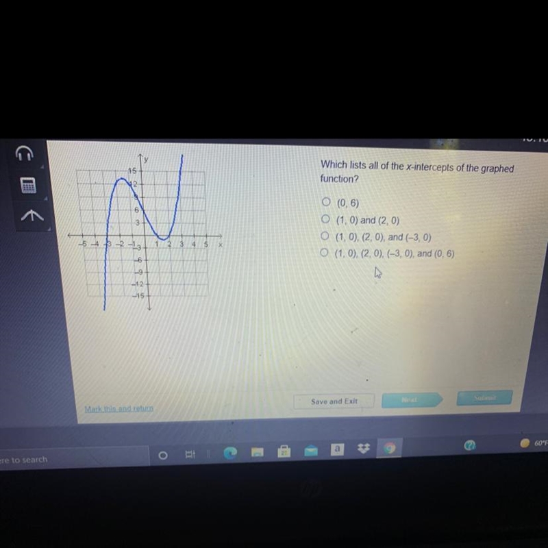 Which lists all of the x-intercepts of the graphed function?-example-1