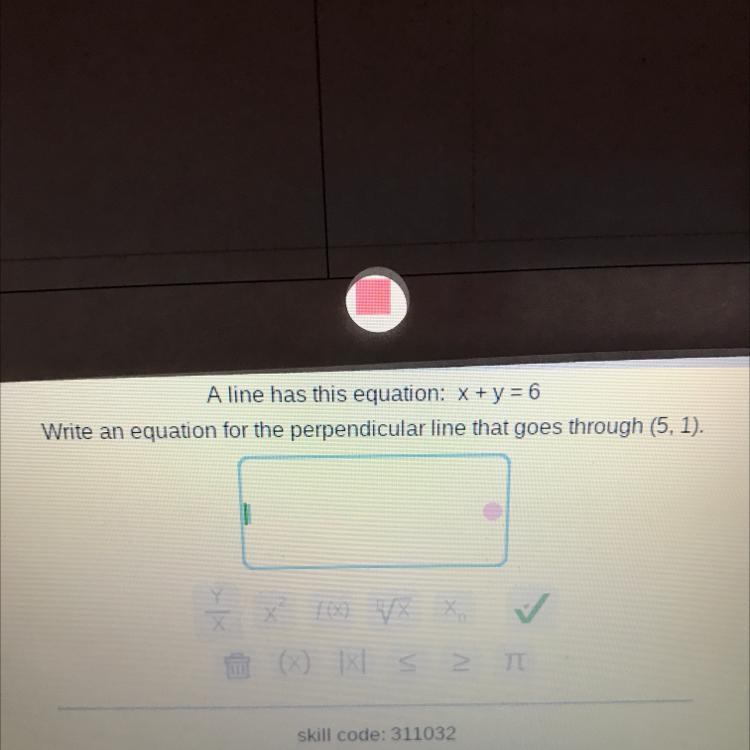 A line has this equation: x + y = 6 Write an equation for the perpendicular line that-example-1