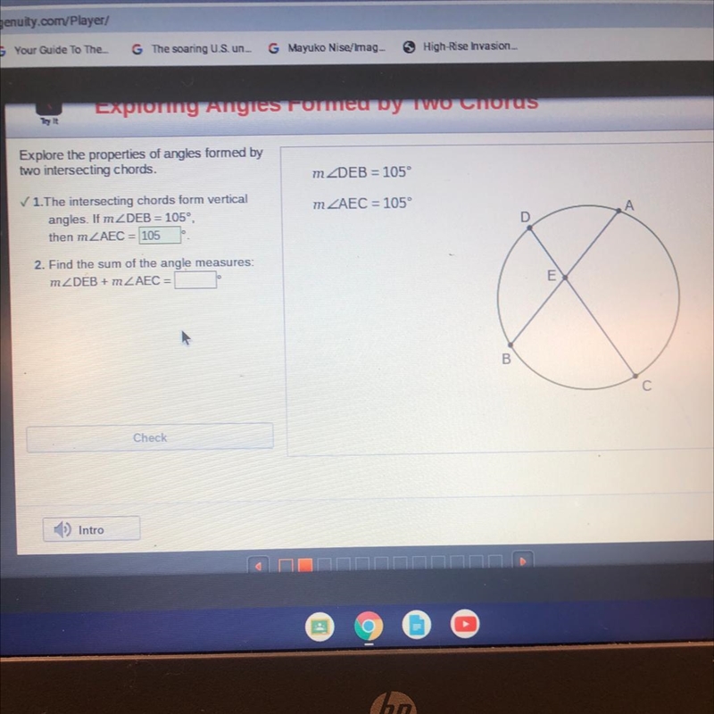 2. Find the sum of the angle measures: mZDEB + m ZAEC-example-1