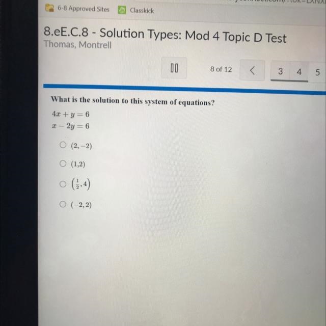 What is the solution to this system of equations? 4x+y=6 x-2y=6-example-1