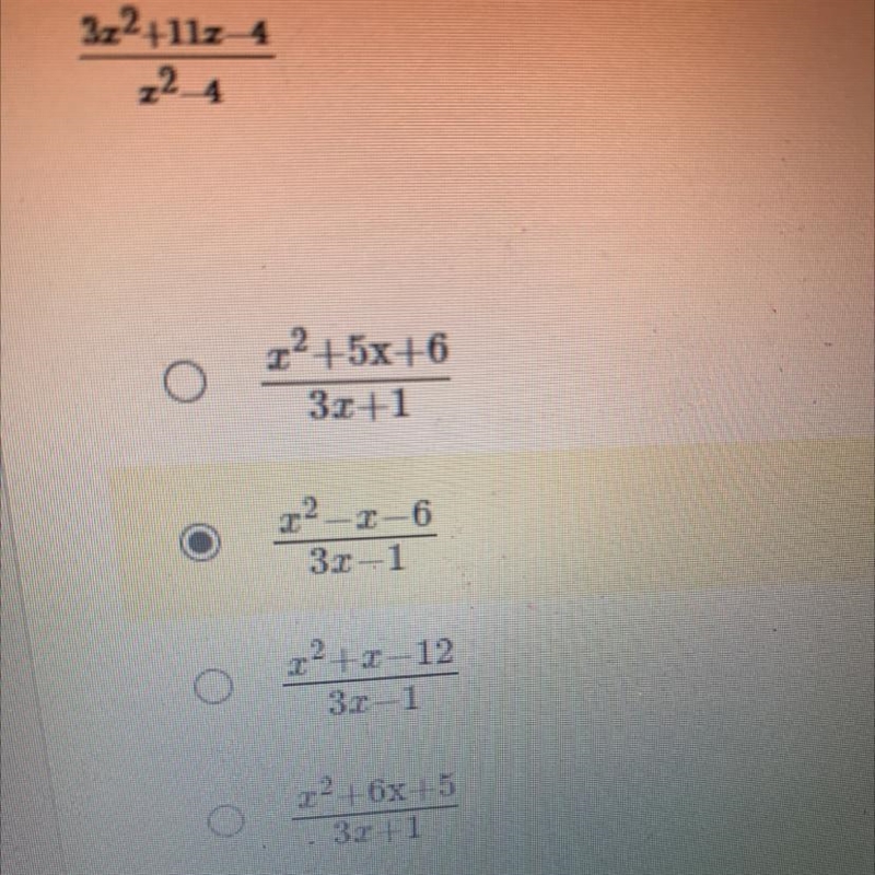 Help! (x^2 + x - 12)/(x - 2)/3z^2+11x-4/x^2-4-example-1