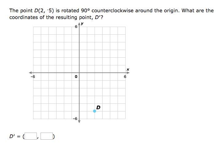 The point D(2, -5) is rotated 90° counterclockwise around the origin. What are the-example-1