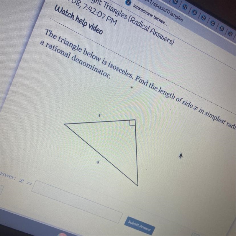 The triangle below is isosceles. Find the length of side x in simplest radical form-example-1