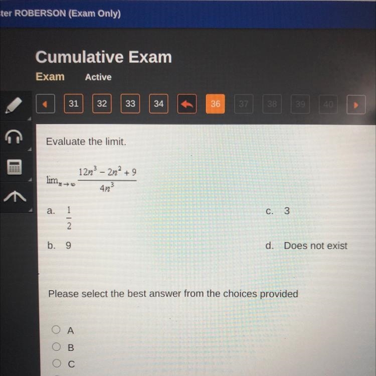 Evaluate the limit 12n^3 - 2n^2 + 9 / 4n^3-example-1