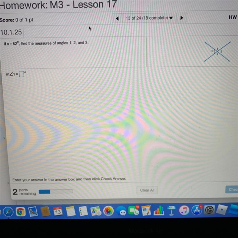 If x = 82°, find the measures of angles 1, 2, and 3-example-1