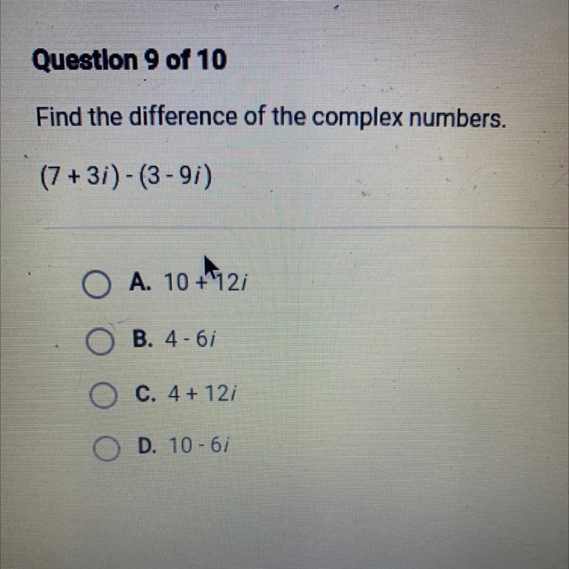 (7+3i)-(3-9i)complex numbers-example-1