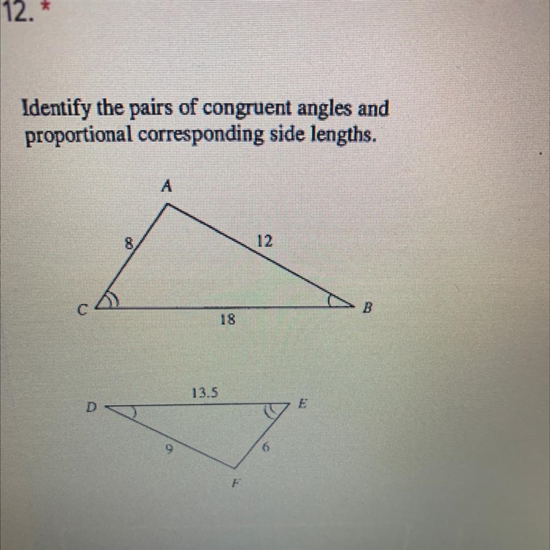 Identify the pairs of congruent angles and proportional corresponding side lengths-example-1