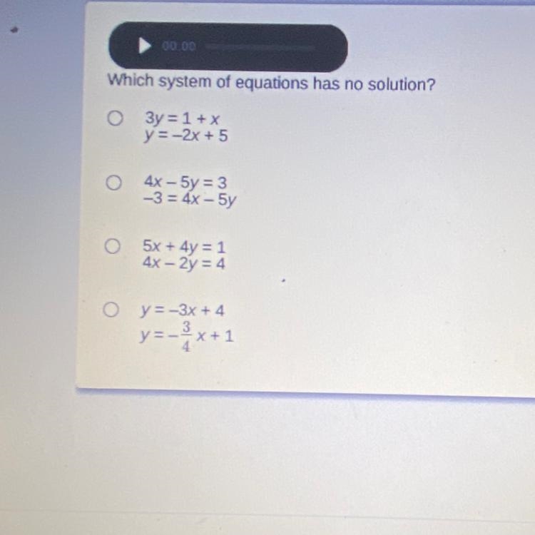 Which system of equations has no solution?-example-1