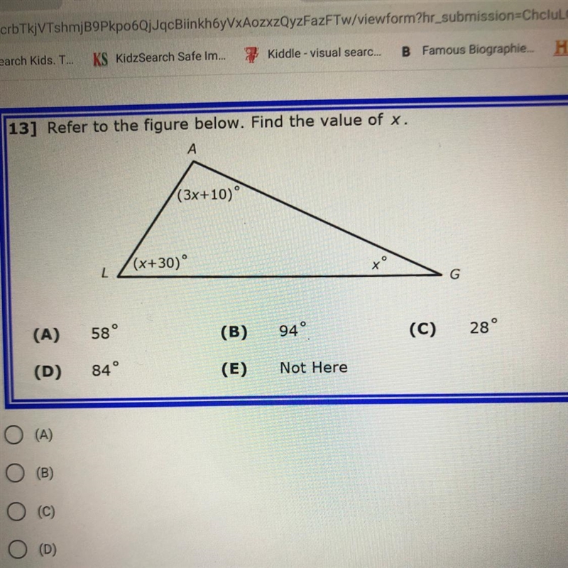 13] Refer to the figure below. Find the value of x. (A) 58° (B) 94° (C) 28° (D) 84° (E-example-1