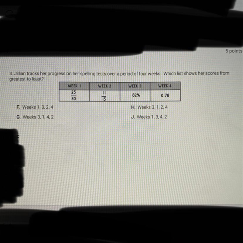 4. Jillian tracks her progress on her spelling tests over a period of four weeks. Which-example-1