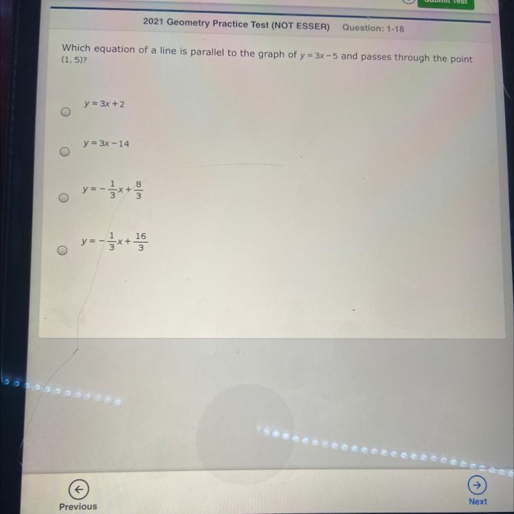 Which equation of a line is parallel to the graph of y = 3x -5 and passes through-example-1