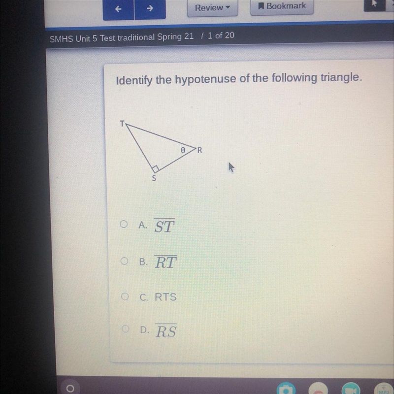 Identify the hypotenuse of the following triangle.-example-1