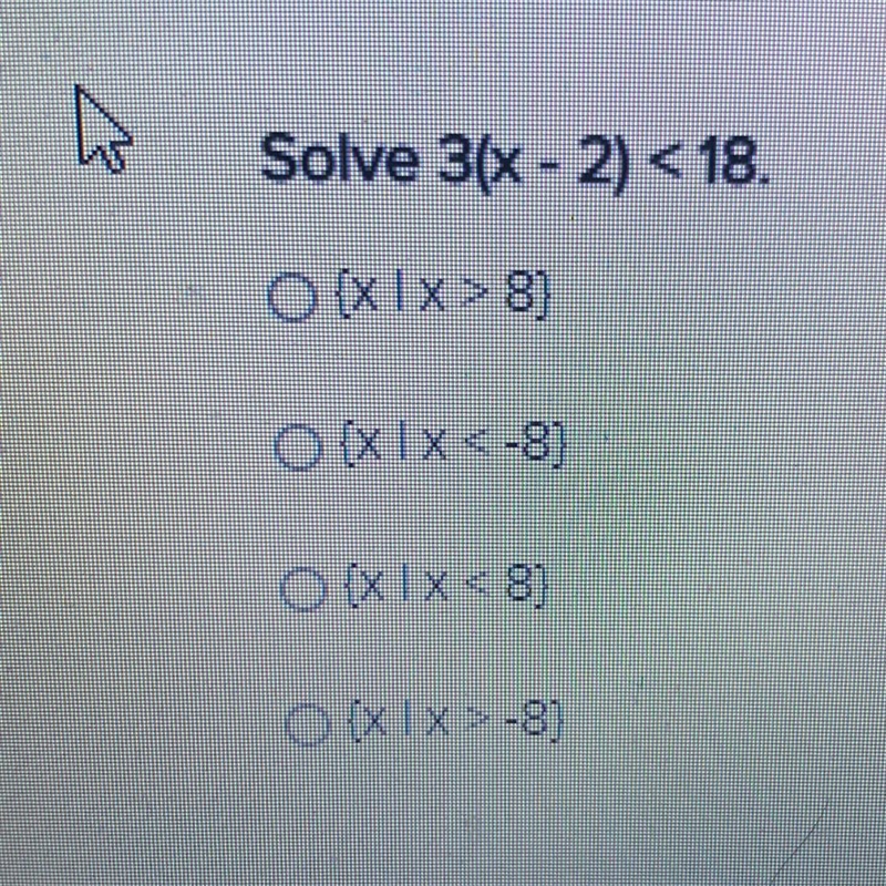 Solve 3(x - 2) < 18.-example-1