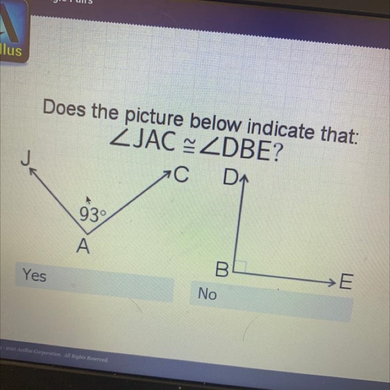 Does the picture below indicate that: ZJAC ZDBE? С DA J 939 A B →E Yes No Pls help-example-1