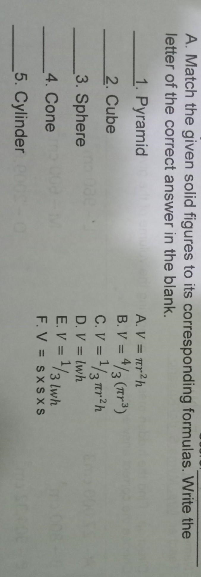 A. Match the given solid figures to its corresponding formulas. Write the letter of-example-1