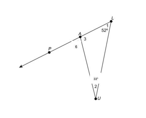 In the figure, ∠6 is an exterior angle to (square) AUL. A: Explain why m∠6 is equal-example-1