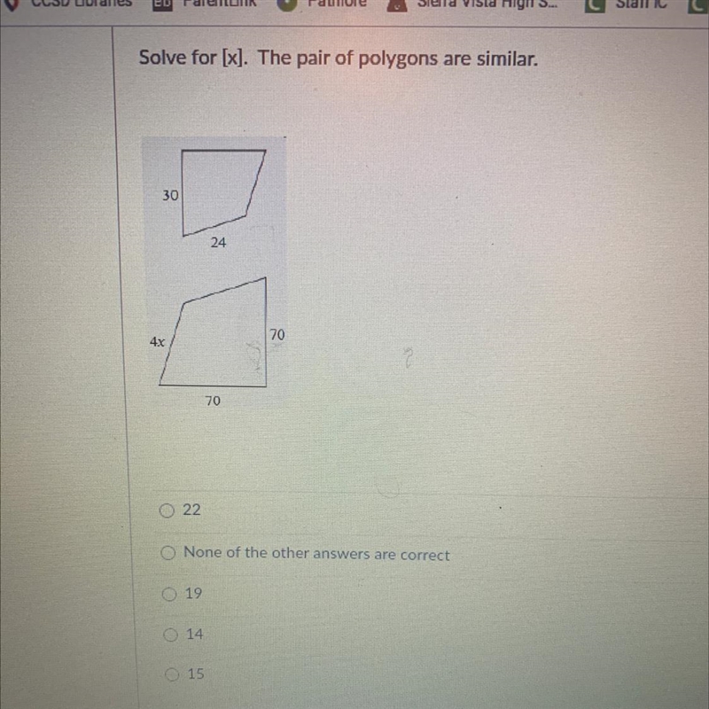 Solve for [x]. The pair of polygons are similar.-example-1