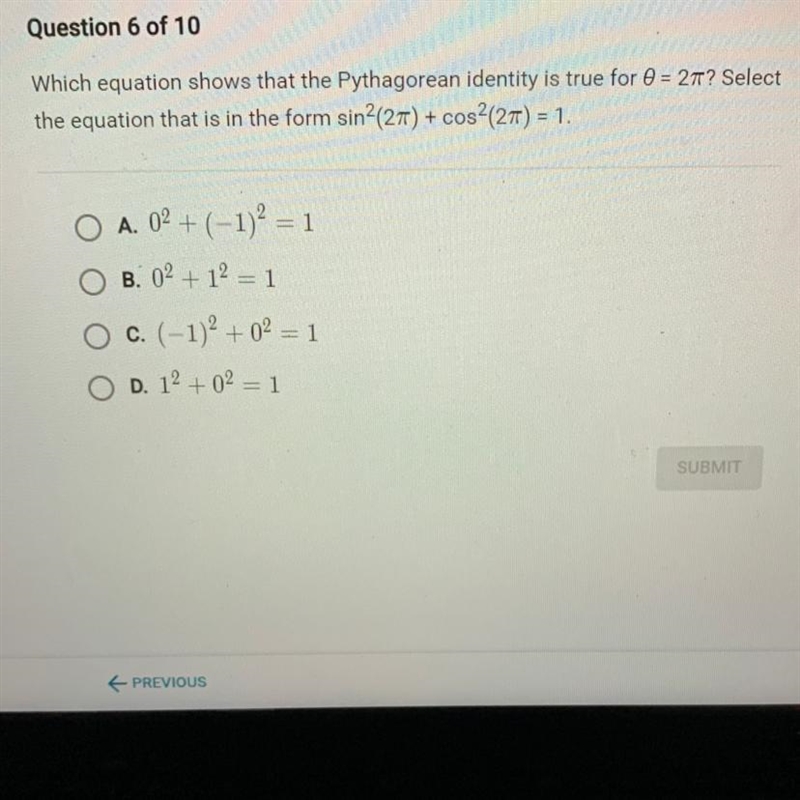 Which equation shows that the Pythagorean identity is true for 0 = 27? Select the-example-1