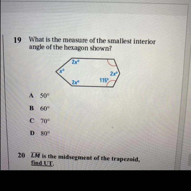 What is the measure of the smallest interior angle of the hexagon shown?-example-1