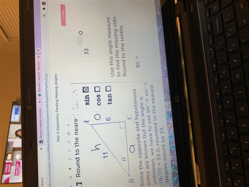 How do I calculate the missing side using the 33 degree angle in trig terms-example-1